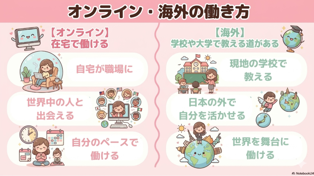 オンライン講師や海外の学校・大学など、日本語教師の柔軟な働き方を紹介する図解。在宅で働く方法や、日本国外で活躍する進路があることを示している。