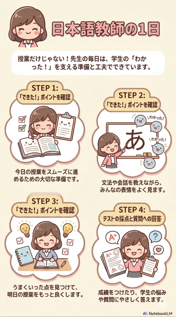 日本語教師の1日の基本的な流れをまとめた図解。授業前の準備、授業、振り返り、評価や記録の流れを整理している。