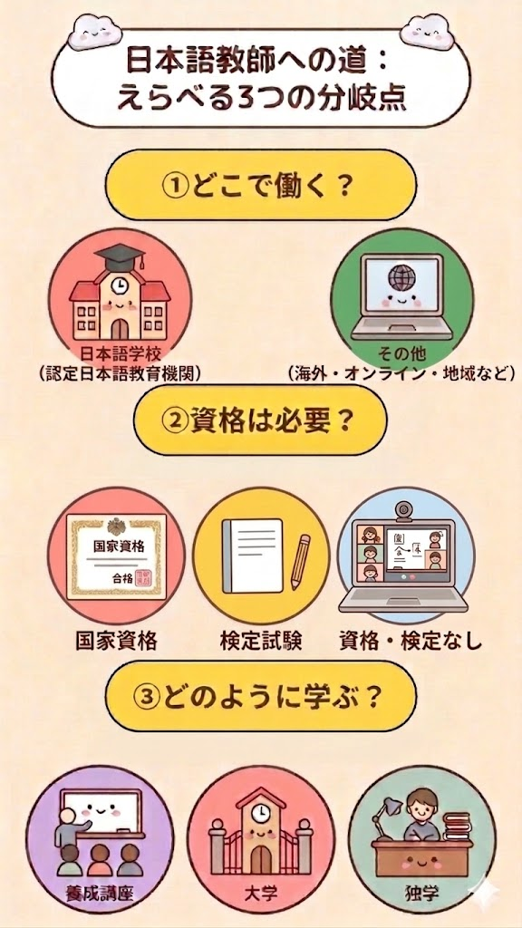 日本語教師デビューへのルートマップ図。日本語教師になるための3つの分岐点「働く場所」「資格の要否」「学び方」をフローチャートで解説。認定教育機関と認定外(オンライン・海外)の選択、国家資格や検定の必要性、養成講座・大学・独学という3つの学習手段を上から順に説明しています。