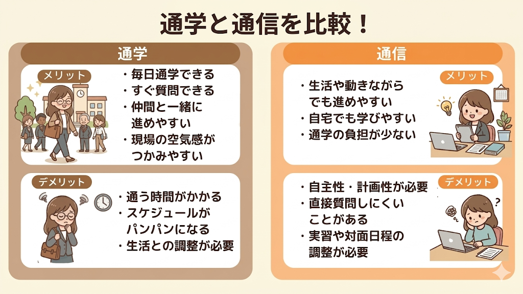 日本語教師養成講座の通学と通信を比較した図解。続けやすさ、学びやすさ、生活との両立のしやすさを整理している。