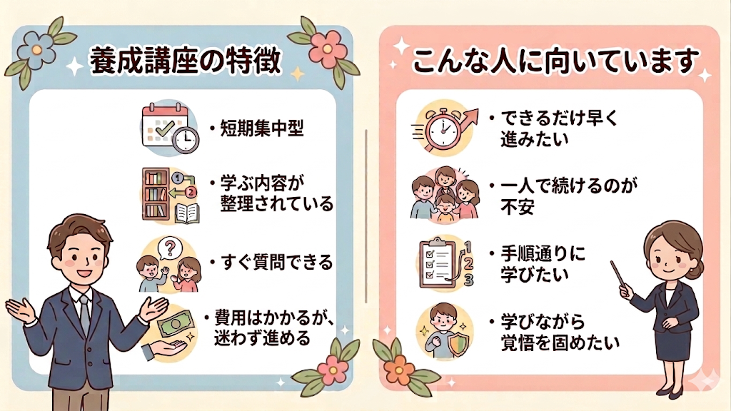 日本語教師の養成講座の特徴をまとめた図解。短期集中で学びやすく、質問しやすい環境や進めやすさを整理している。