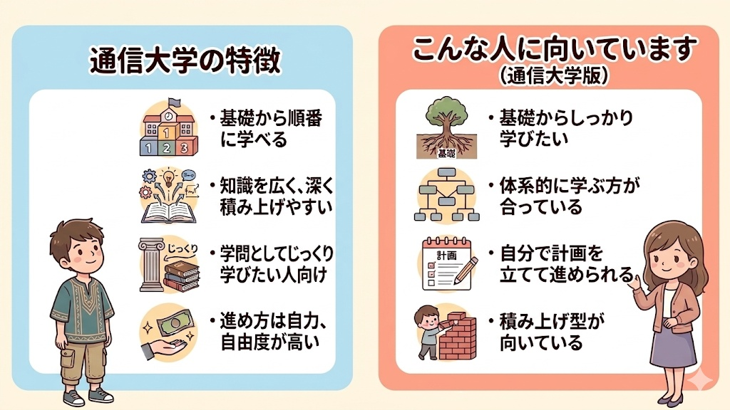 日本語教師を通信大学で学ぶ場合の特徴をまとめた図解。体系的に学べる一方で、自分で進める力が必要なことを整理している。