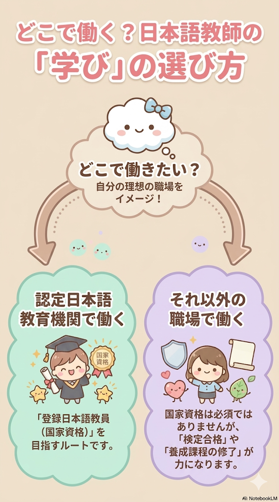 日本語教師の進路によって必要な資格や学びが変わることを示した分岐図。認定日本語教育機関では国家資格が必要で、それ以外の職場では検定や養成課程修了が役立つことを整理している。