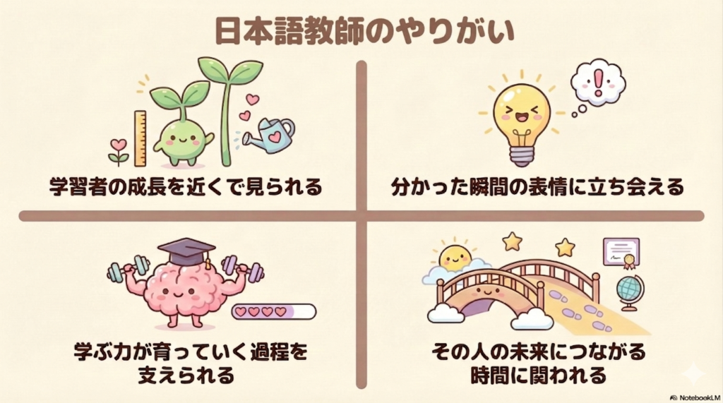 日本語教師のやりがいを4つに分けて示した図解。学習者の成長、分かった瞬間、学ぶ力の支え、未来につながる関わりをまとめている。