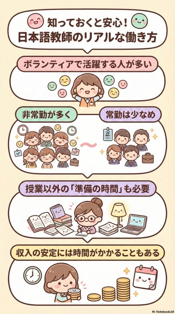 日本語教師の働き方の現実を整理した図解。ボランティアや非常勤が多く、常勤は少なめで、安定まで時間がかかることもあると示している。