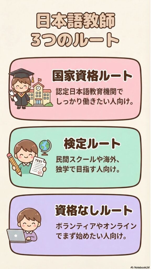 日本語教師の資格ルートを3つに分けて整理した図解。国家資格ルート、検定ルート、資格なしルートの違いを、働き方との関係が分かる形で示している。