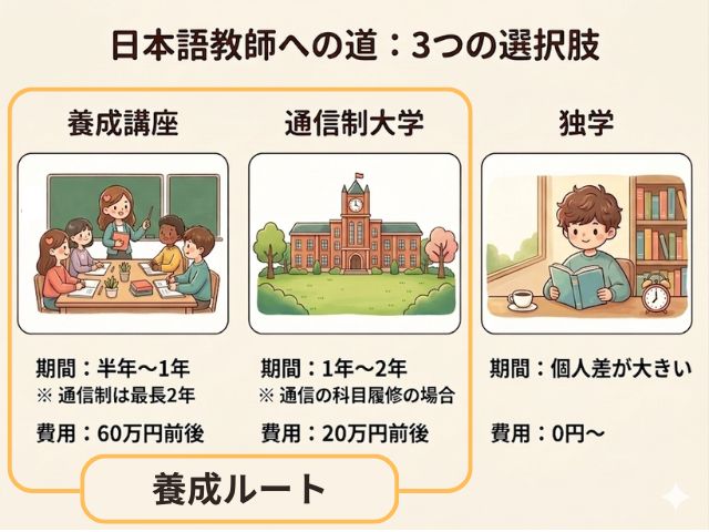 養成講座・通信大学・独学の費用と期間の目安を比較した図解。日本語教師の学び方ごとの違いを一覧で整理している。