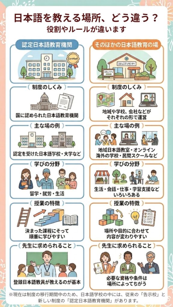 認定日本語教育機関とそれ以外の職場の違いを比較した図解。制度上のしくみ、授業、先生の資格などの違いを整理している。