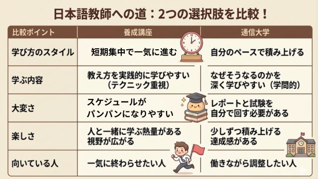 養成講座と通信大学の違いを比較した図解。学び方、向いている人、大変さ、進め方の違いを整理している。