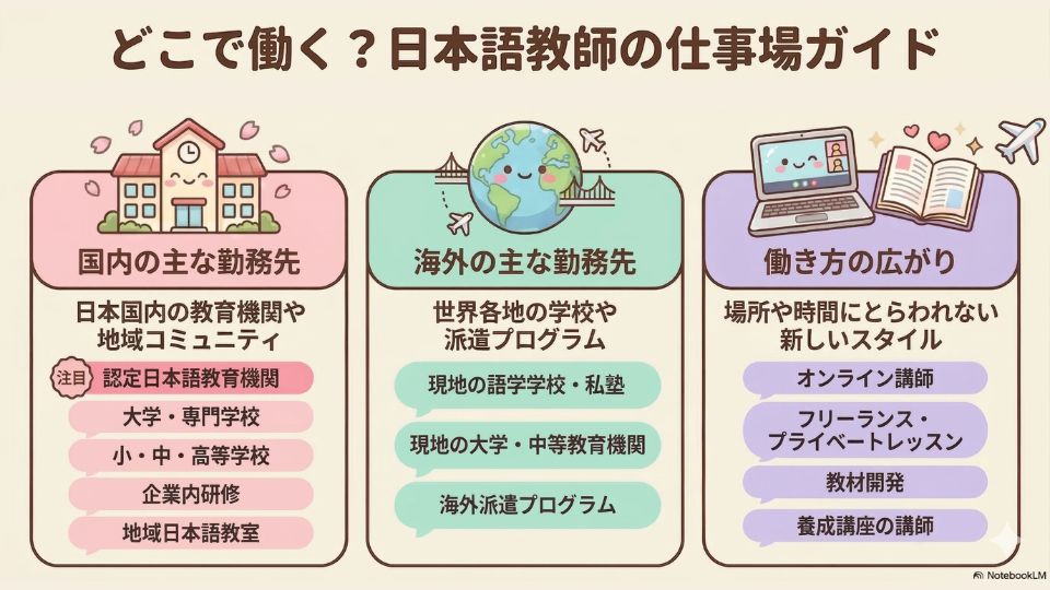 日本語教師の主な働く場所をまとめた図解。国内の認定日本語教育機関や学校、海外の教育機関、オンライン講師や教材開発など、多様な働き方を一覧で示している。
