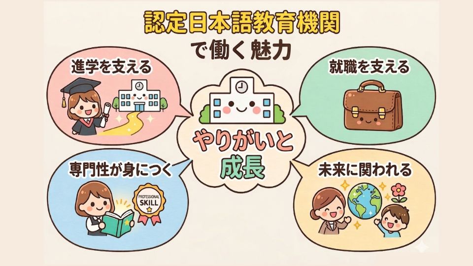 認定日本語教育機関で働く魅力をまとめた図解。順番に学べる授業、先生の専門性、学習者の目的に合わせた支援などを示している。